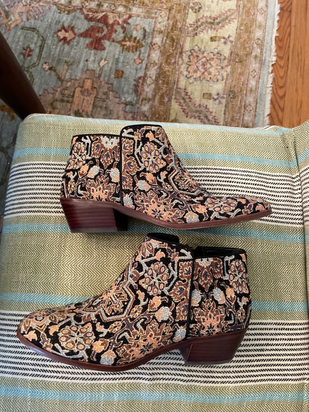 Sam Edelman Woven Floral Ankle Boots in Black and Tan